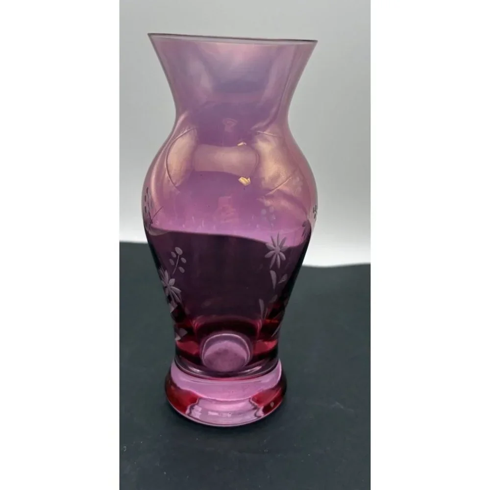 Royal Danube Iridescent Pink/Cranberry Hand Etched Vase Slovakia Vintage